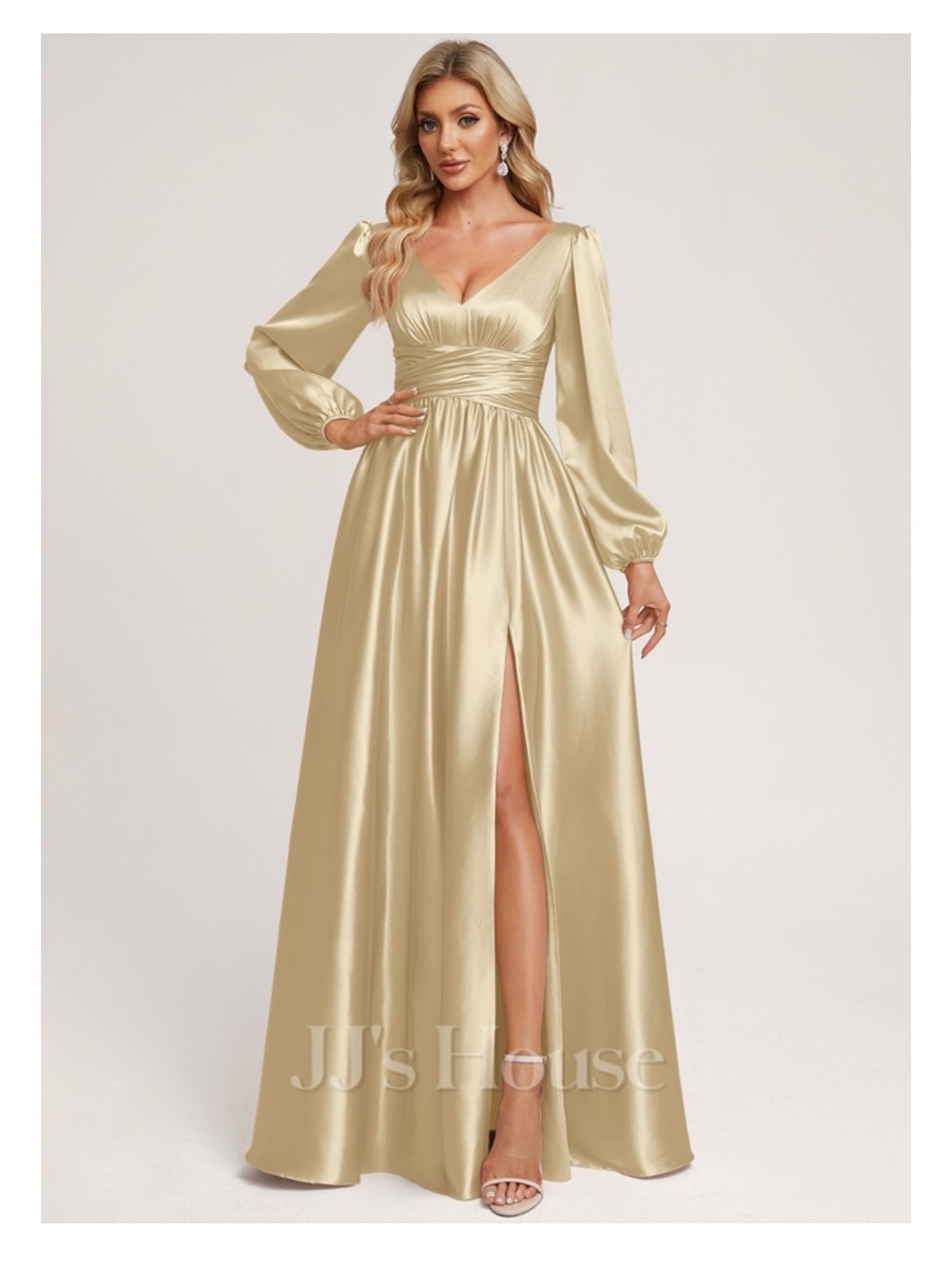 JJs House Champagne Satin V‑Neck Long Sleeve Evening Gown with Thigh Slit
